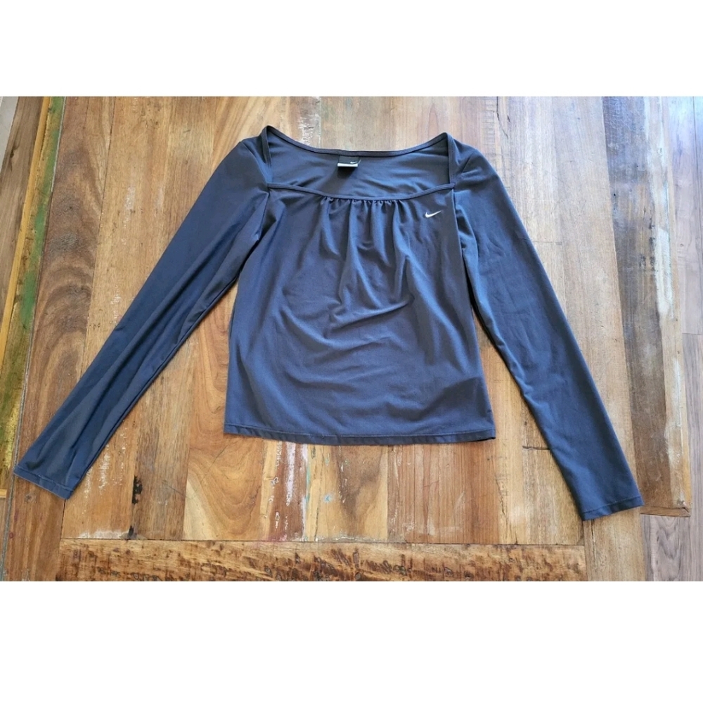Nike Dri Fit Womens Large Square Neck Long Sleeve Shirt Gray (Runs Small) b4-8